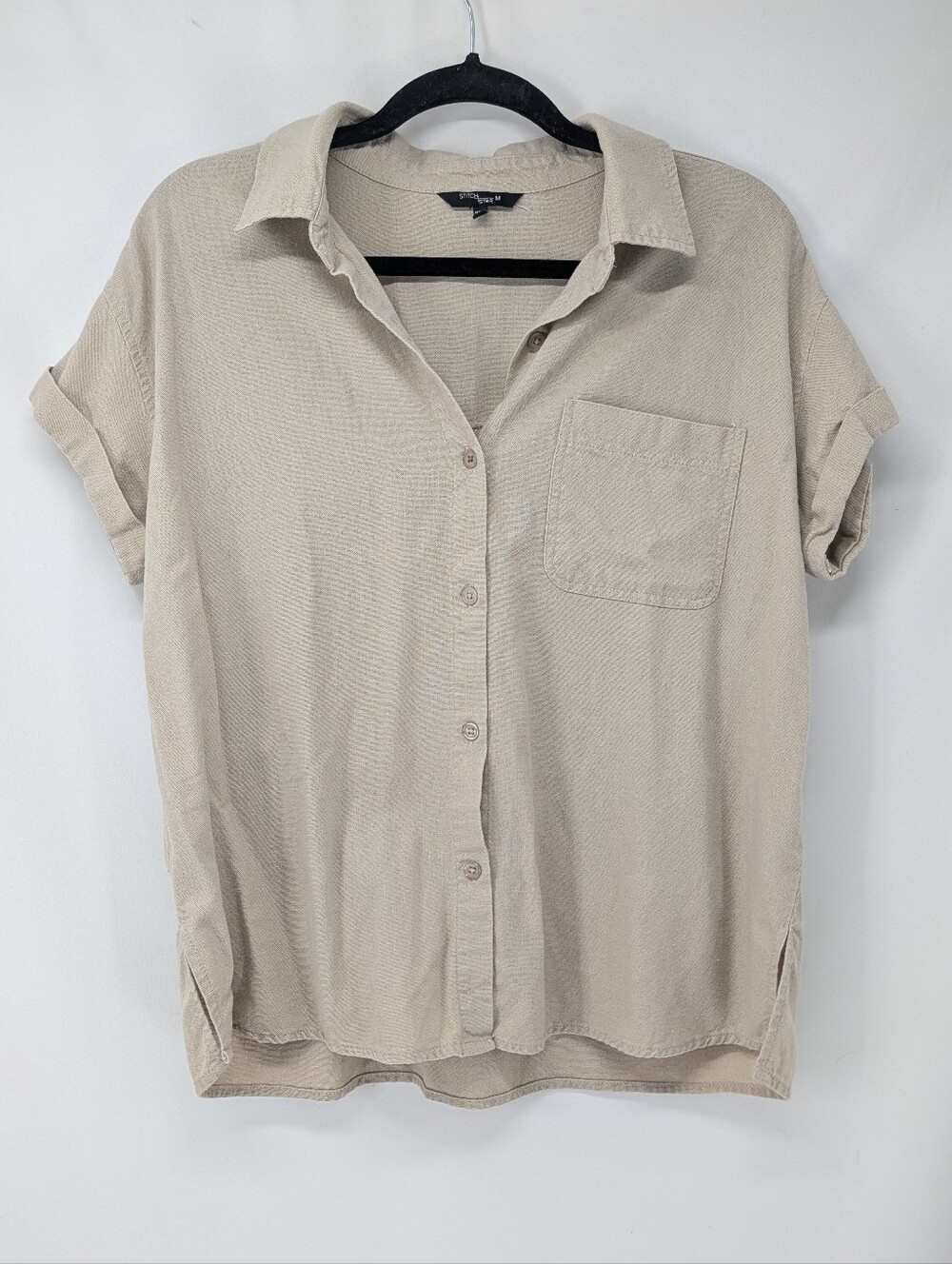 3/$20 Stitch Star Linen Blend Short Sleeve Buttom Down Blouse Tan Cream Safari